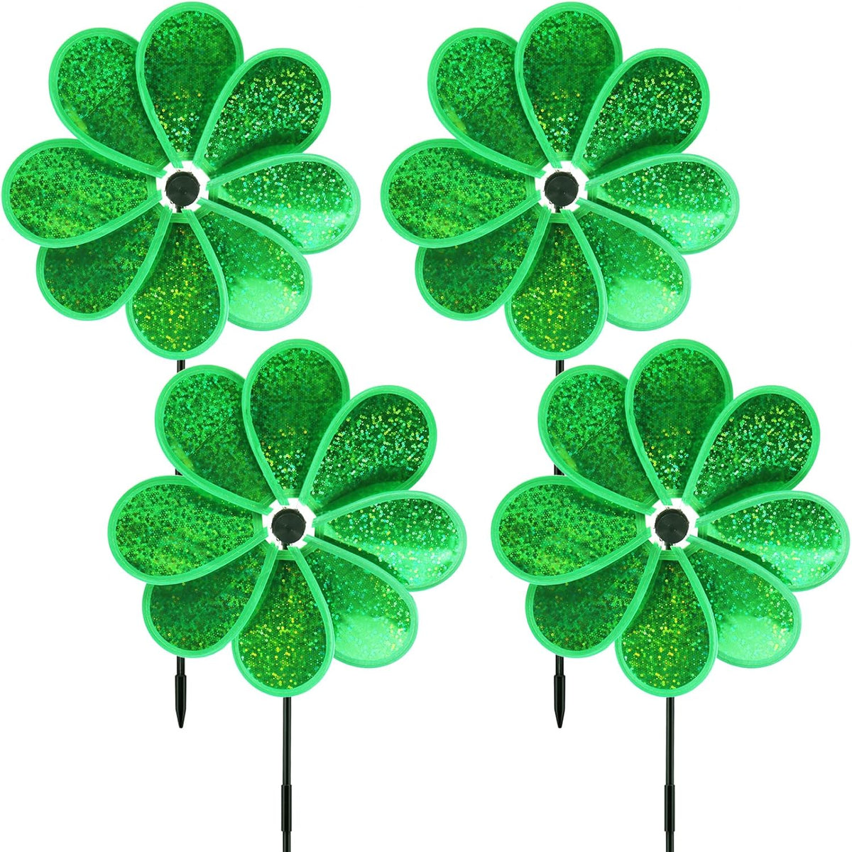 4PCS Flower Wind Spinner Sparkly Lawn Pinwheel 11.8 inch Green Garden Windmill for Christmas Garden, Party, Outdoor,Yard Decor