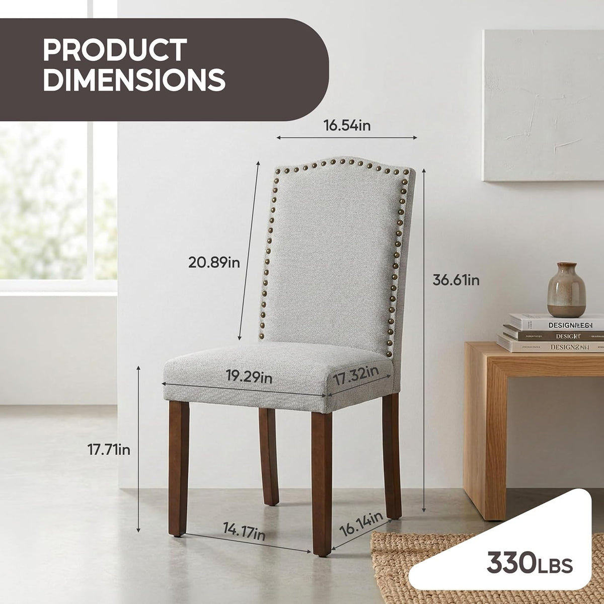 Simple Deluxe Set of 2 Upholstered Parsons Dining Chairs, Fabric Dining Room Chairs with Solid Wood Legs & Nailhead Trim, Multi-Use for Kitchen, Living Room & Bedroom, Gray