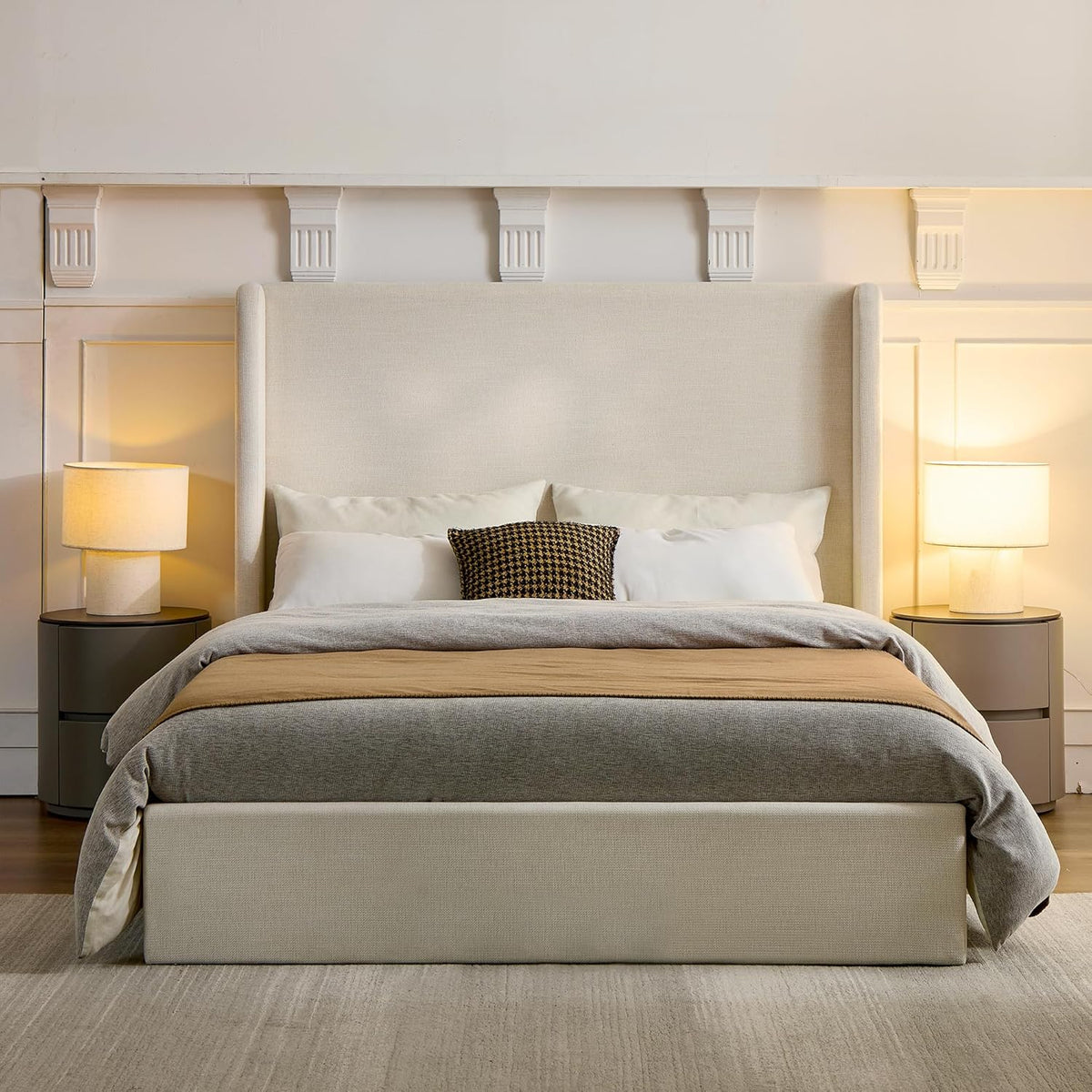GDFStudio Queen Size Upholstered Wingback Bed with 54" Tall Headboard, Modern Minimalist Design Platform Bed, Textured Canvas Chenille, Easy Assembly, Sturdy Frame, Box Spring Required, Ivory