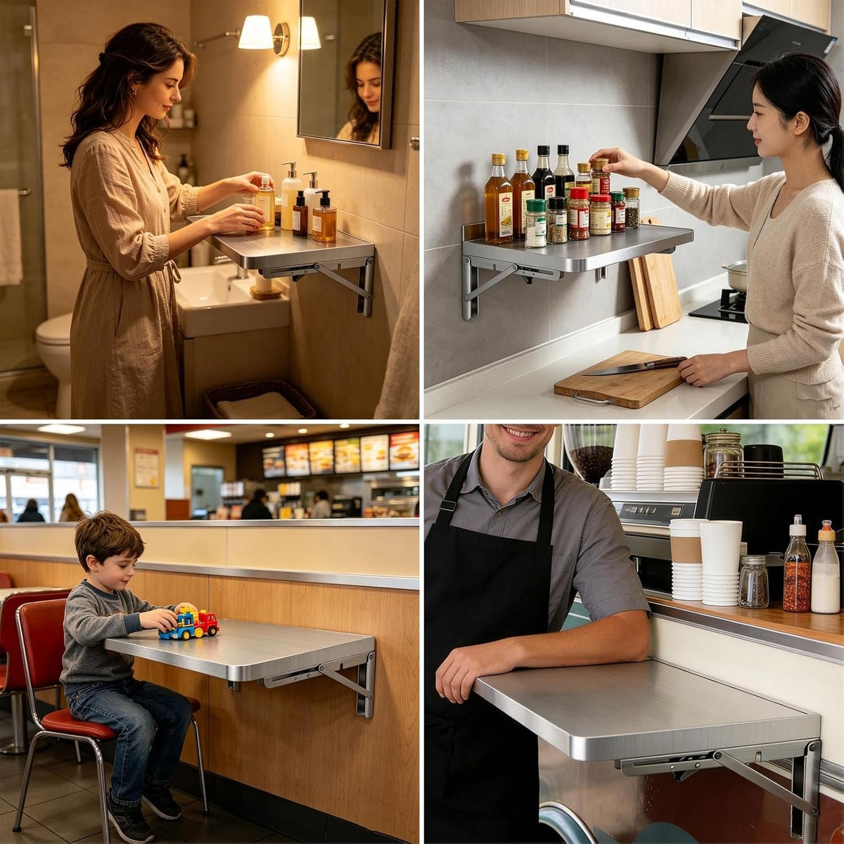 304 Stainless Steel Wall Mount Folding Table 16 20 24 28 32 36 40 43 47 51 59 71in Kitchen Storage Shelf Drop Down Heavy Duty Foldable Wall Mount Shelving for Kitchen Balcony(50x40cm/19.7x15.7in)