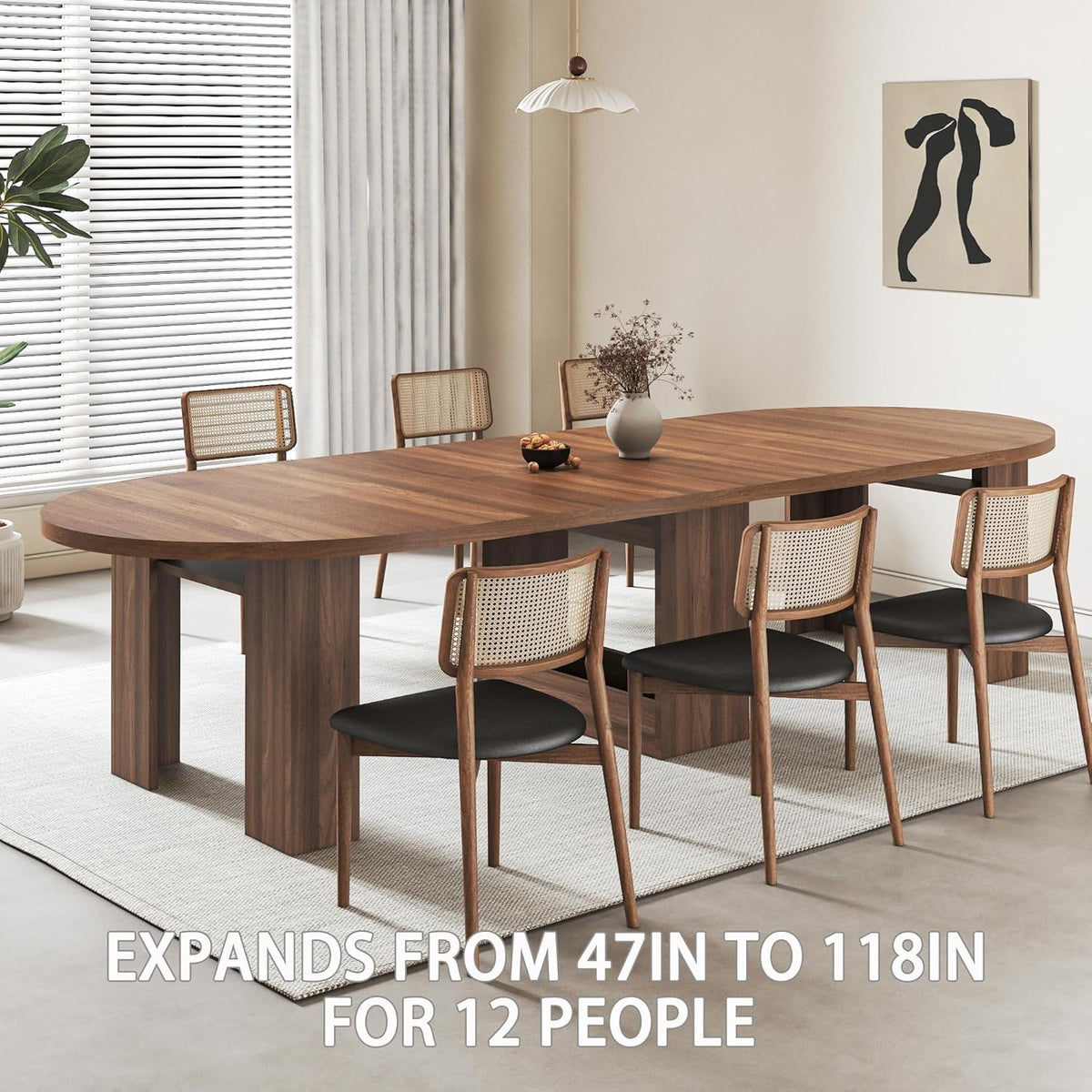 47-118 Inch Round Extendable Dining Table for 4-12, Kitchen Table with Wood Strip Base, Modern Oval Dining Room Table for Kitchen Living Room, Walnut