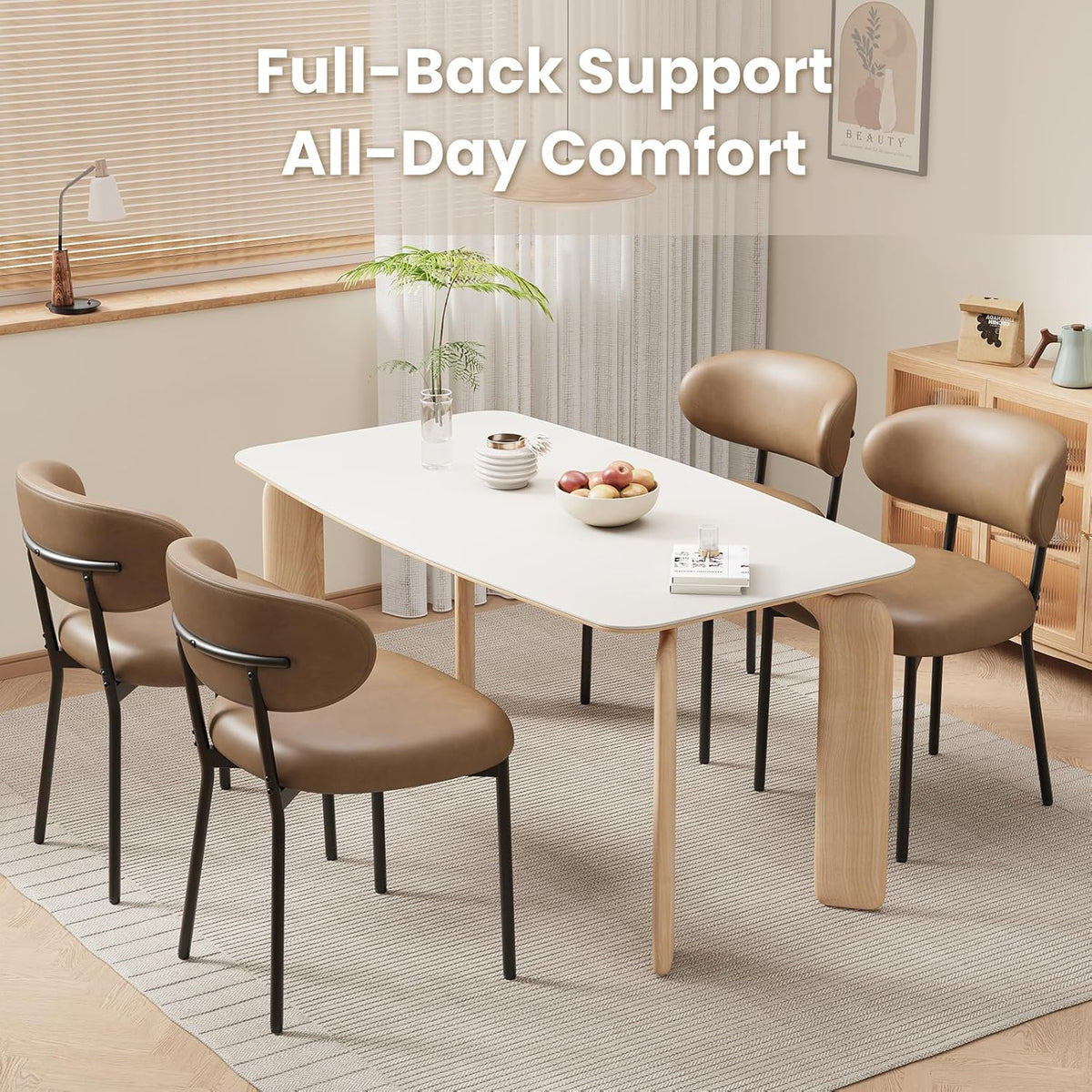 Upholstered Dining Chairs Set of 6, Modern Faux Leather Kitchen Chairs with Curved Backrest and Cushioned Seat, Sturdy Metal Legs, Modern Dining Chairs for Kitchen Dining Room, Living Room,Brown