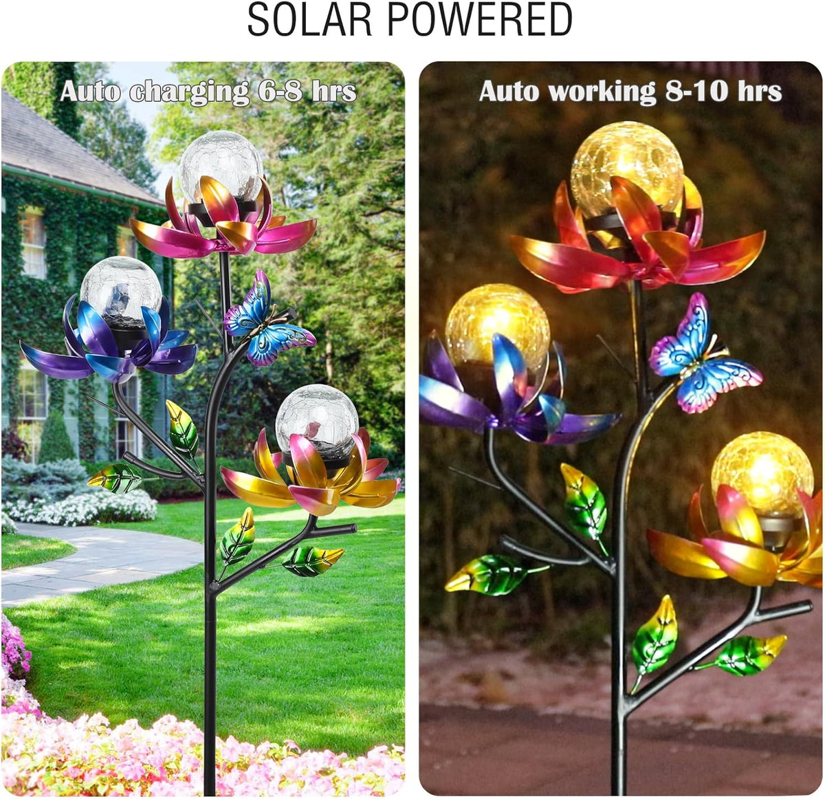 Solar Lights Outdoor Decorative Lotus Flowers Wind Spinner Garden Stake with LED Crackle Balls Solar Wind Sculpture Yard Art Decor for Patio, Lawn & Garden