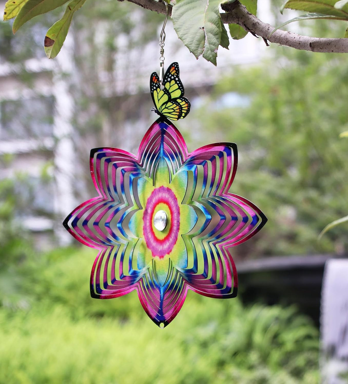 SPRING SONG Butterfly on Mandala Flower Wind Spinner for Yard and Garden Stainless Steel Spinner Indoor and Outdoor Hanging Decor Crafts Ornament Gifts Kinetic Art Yard Garden Hanging Wind Spinner