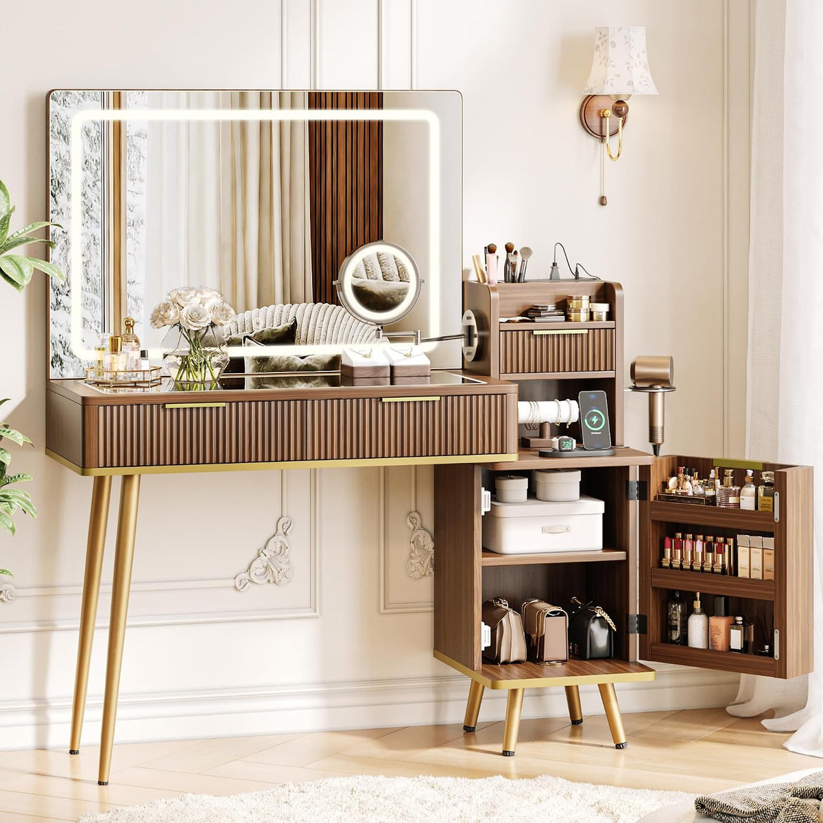 iPormis Makeup Vanity Desk with HD & 5X Magnifying Mirror and Lights, 47'' Make up Vanity, Fluted Glass Top Dressing Table w/Power Outlets, Adjustable Storage, Dark Brown