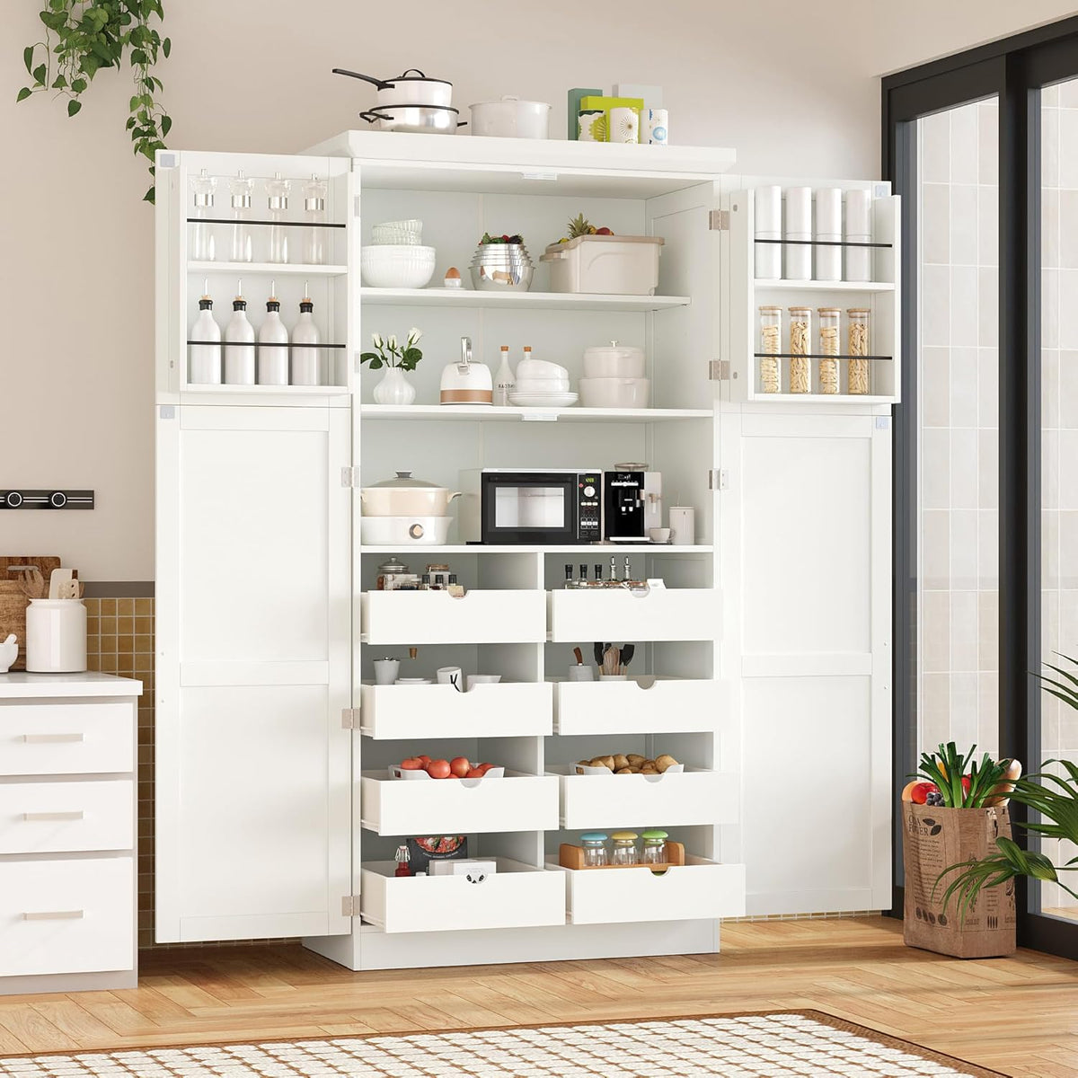 70.9" Tall Freestanding Kitchen Pantry Cabinet with 4 Doors, Large Wooden Kitchen Organizers Storage Cabinet with 8 Pull-Out Trays and 2 Door Shelves for Dining Room, White