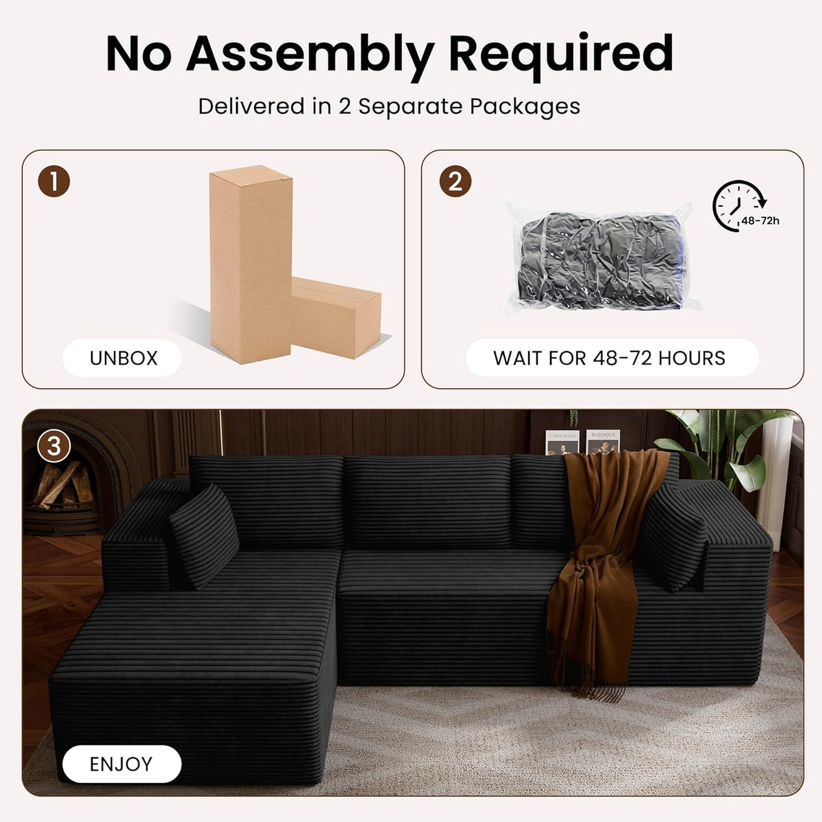 106" Cloud Sectional Couches for Living Room, Modular L Shaped Couch with Deep Seat Oversized Left Facing Chaise, Memory Foam Compressed Spineless 3 Seater Sofa for Bedroom Apartment, Black