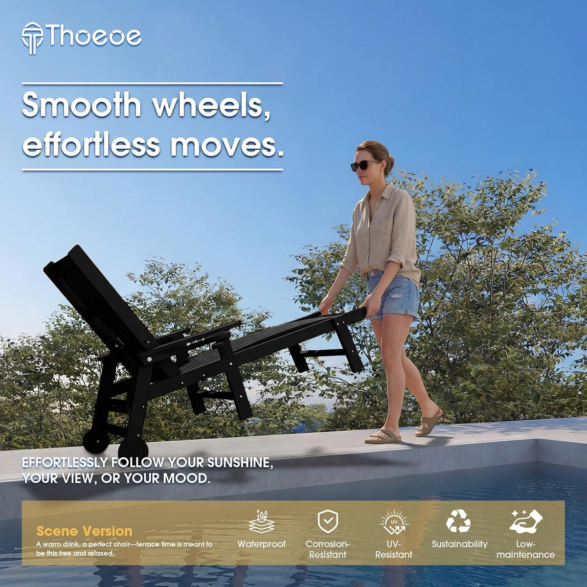 THOEOE Patio Chaise Lounge Chair,HDPE Lounge Chair Outdoor with Wheels | Oversized pool lounge chairs with cup holder, 5 adjustable position for patio,outside,pool,deck