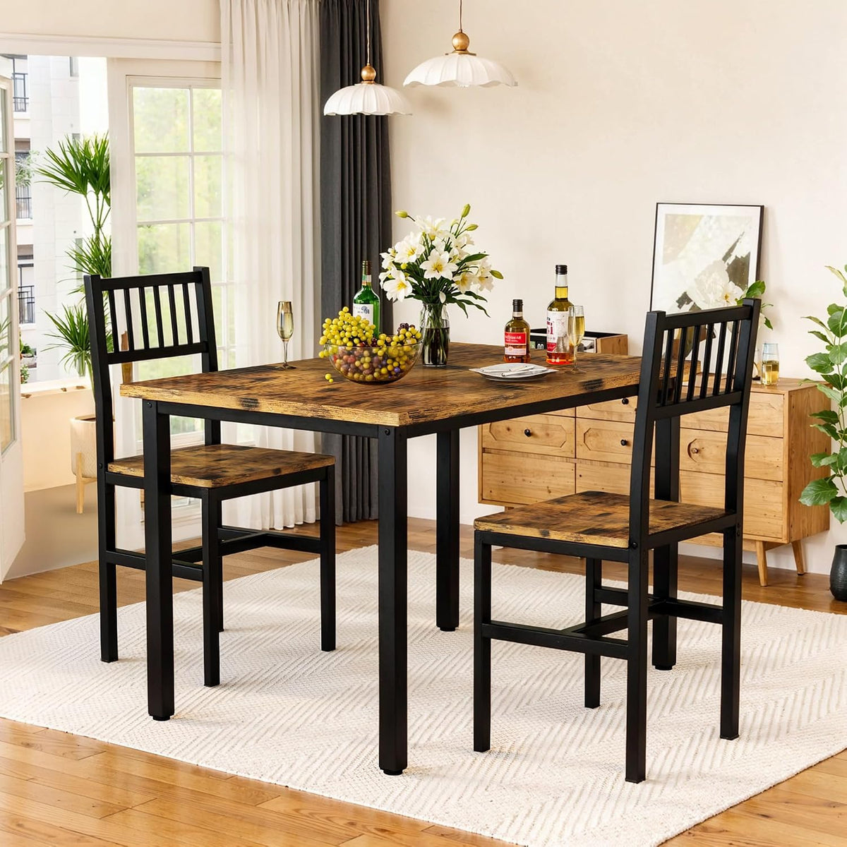 3 Piece Dining Table Set for 2, Small Wooden Kitchen Table Set with Chairs, Space Saving Breakfast Nook Table and Chairs Set of 2, Modern Dinette Set for Dining Room, Apartment, Small Space, Brown