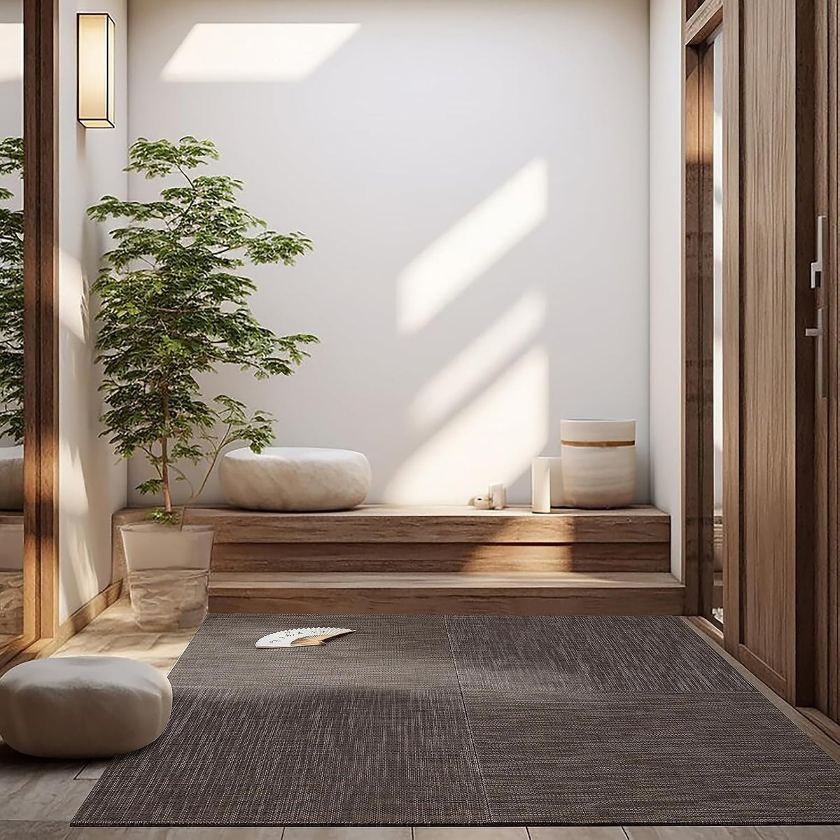 HAGiHARA PVC Tatami Mat, 4 Pieces Foldable Patchwork Floor Mats | Waterproof PVC Surface with Easy Cleaning and Foldable Design