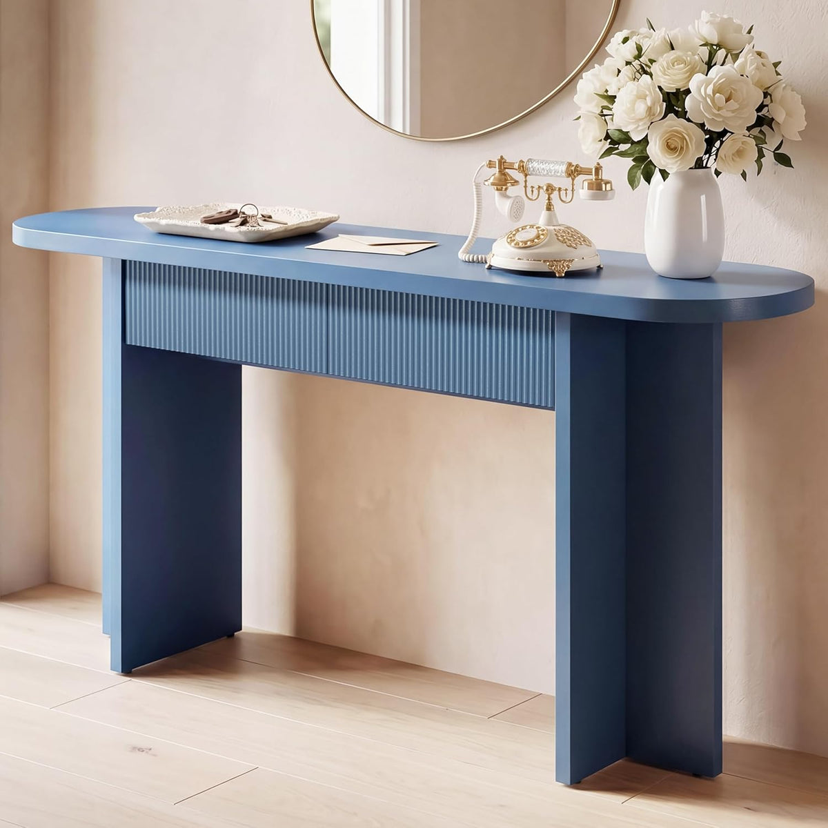 63" Fluted Entryway Console Table with 2 Drawers & Storage, Blue | Ribbed Accent Piece,Curved Edge,Hidden Catch-All,Dense MDF,Narrow Hallway,Behind Couch,Slim Profile,Solid Build,Foyer Accent