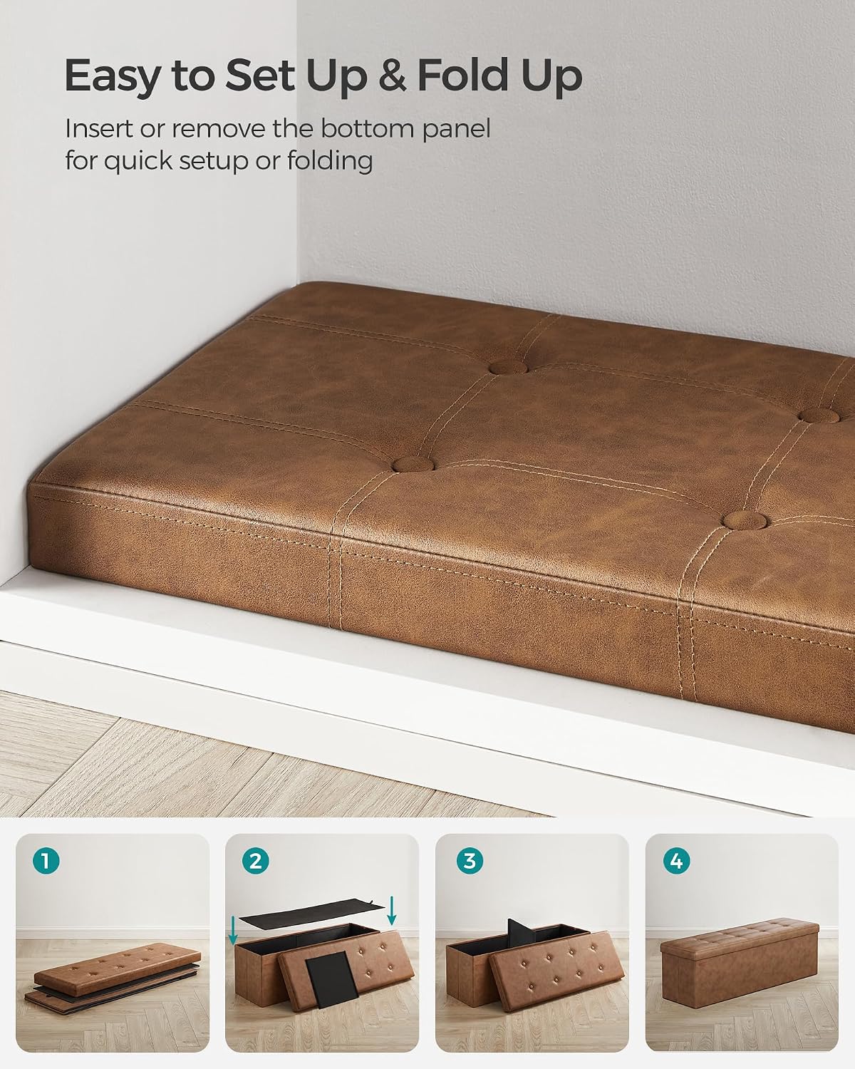 SONGMICS Storage Ottoman Bench, 43.3 Inches Folding Foot Rest Stool | PU Leather, Easy Assembly, for Living Room, Bedroom, Entryway, Coffee Brown, MINOTA Collection ULSF070K01
