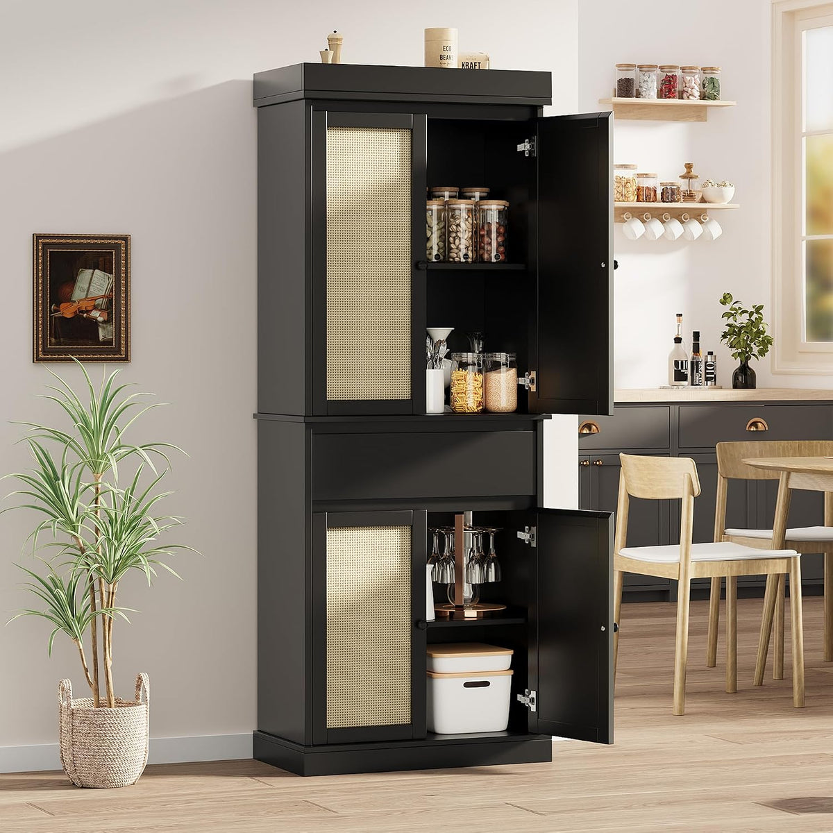 Garvee Tall Pantry Cabinet, Rattan Kitchen Pantry Storage Cabinet with Doors and Adjustable Shelves, 69" Freestanding Cupboard Cabinet with Drawer for Bathroom, Dining Room, Living Room, Black