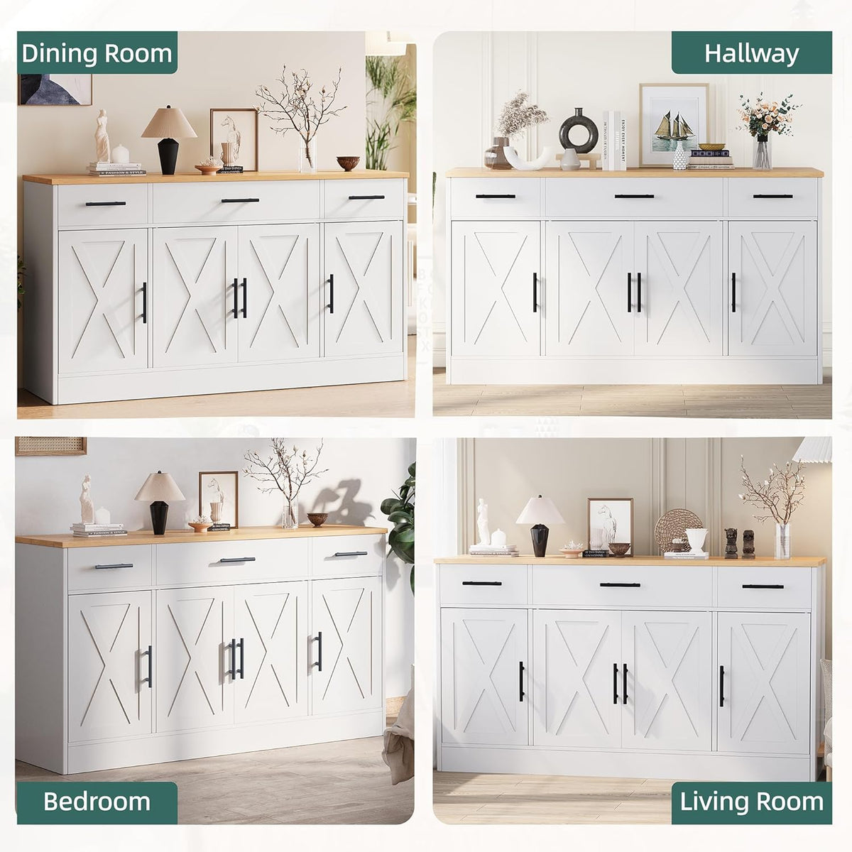 Shintenchi Buffet Cabinet with Storage,53.4" Large Kitchen Storage Cabinet with 3 Drawers and 4 Doors,Wood Farmhouse Buffet Sideboard with Adjustable Shelf for Kitchen Living Room, White