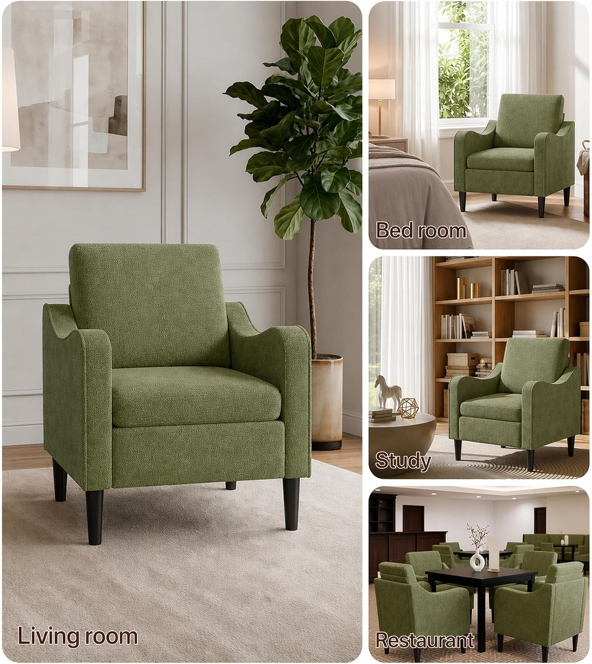 LEVELEVE Accent Arm Chair – Olive Green, Upholstered Scooped Comfy Reading Chair for Living Room, Bedroom, Apartment, Waiting Room