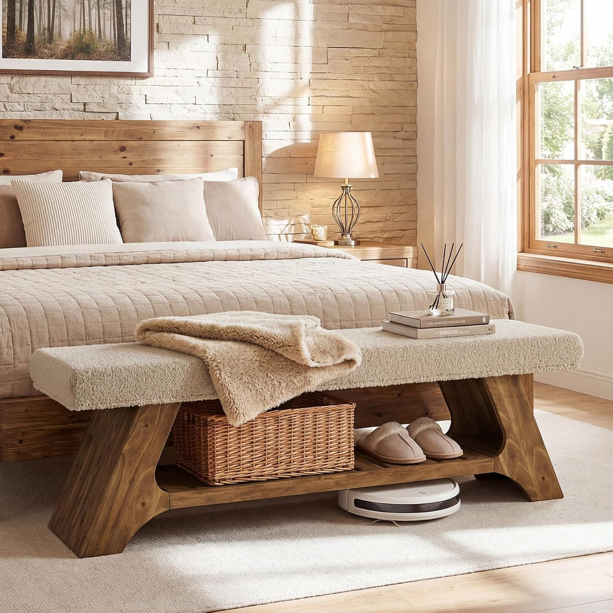 Tribesigns 55" Solid Wood Bench with Cushion and Shoe Storage, 2-Tier Upholstered Entryway Bench Farmhouse Entry Way Bench for Bedroom, Hallway, Natural Wood