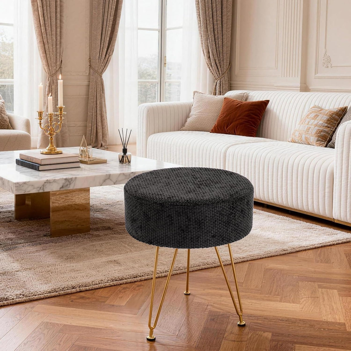 DUMOS Vanity Stool, Velvet Vanity Chair for Makeup Room, Round Ottoman Foot Rest with Gold Metal Legs, Makeup Dressing Table Seat for Bedroom, Living Room, Entryway, Black