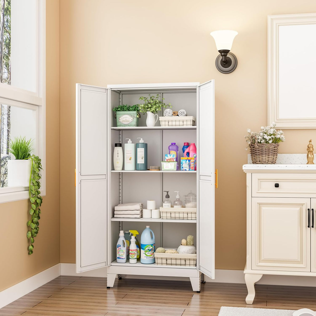 GAIOUS Metal Pantry Cabinet, Kitchen Pantry Storage Cabinets with 2 Door | and 3 Adjustable Shelves, White Kitchen Pantry Cabinet, Freestanding Cupboard for Dining Room Living Room Bathroom