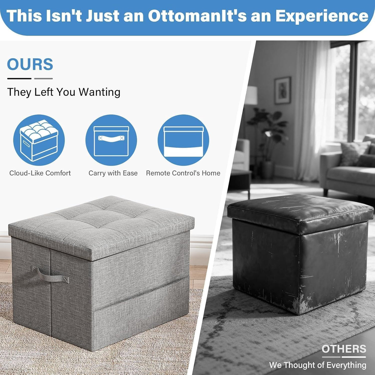Dayacoco Storage Ottoman Foot Rest Stool, Holds Up to 350lbs, 43L, Foldable | Small Ottoman with Storage, Foot Rest Stool with Thicker Foam Padded Seat, 17x13x13in, Drak Gray