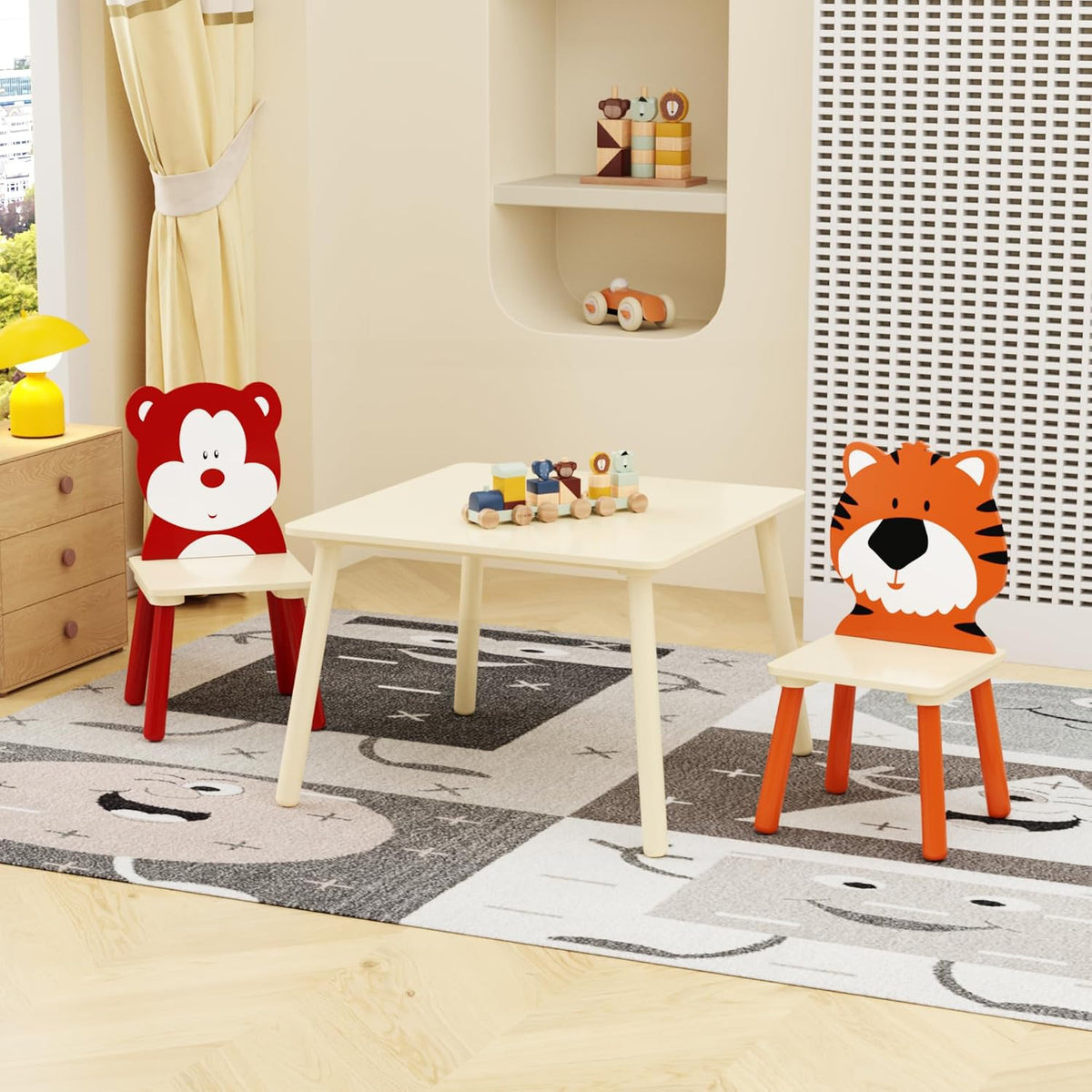 3 Pieces Table and Chair Set, Tiger & Bear Pattern Activity Play Set with Solid Wood Legs, Wooden Furniture for Playroom, Daycare & Kindergarten