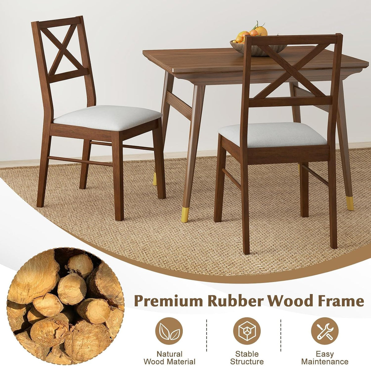 COSTWAY Wood Dining Chairs Set of 2, Upholstered Farmhouse Modern Dining Room Chairs with Backrest and 400LBS Capacity for Kitchen (Brown)