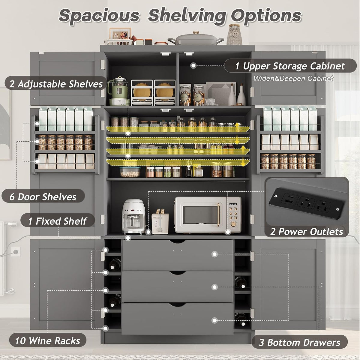 Merax Kitchen Pantry Storage Cabinet, Freestanding Buffet Cabinet with Microwave Stand & 2 Power Outlets,Kitchen Hutch with Door Shelves, Adjustable Shelves,Drawers and Wine Rack, Grey