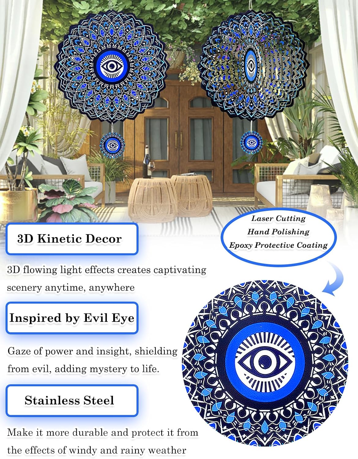 Evil Eye Wind Spinner-3D Metal Hanging Wind Spinners, Perfect Ornament Gifts for Women/Men, 12 Inch Spinfinity Wind Spinner for Outdoor & Indoor Decorations, Yard Art, Garden Decoration