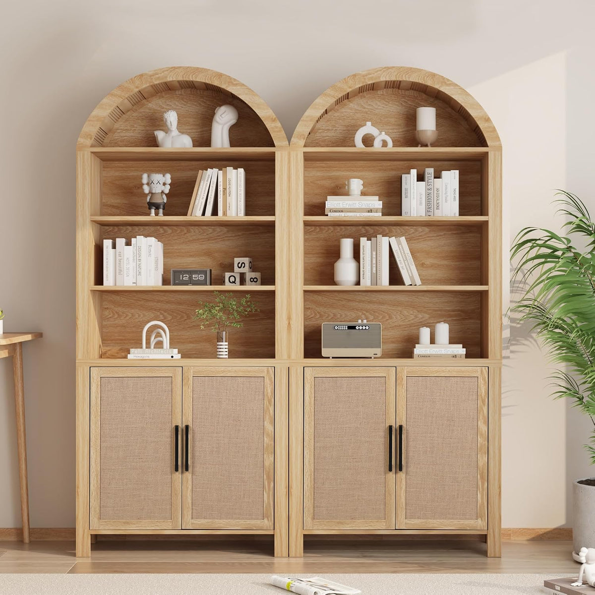 Janmer Home 71" Tall Boho Rattan Arched Bookcase with Doors, Natural