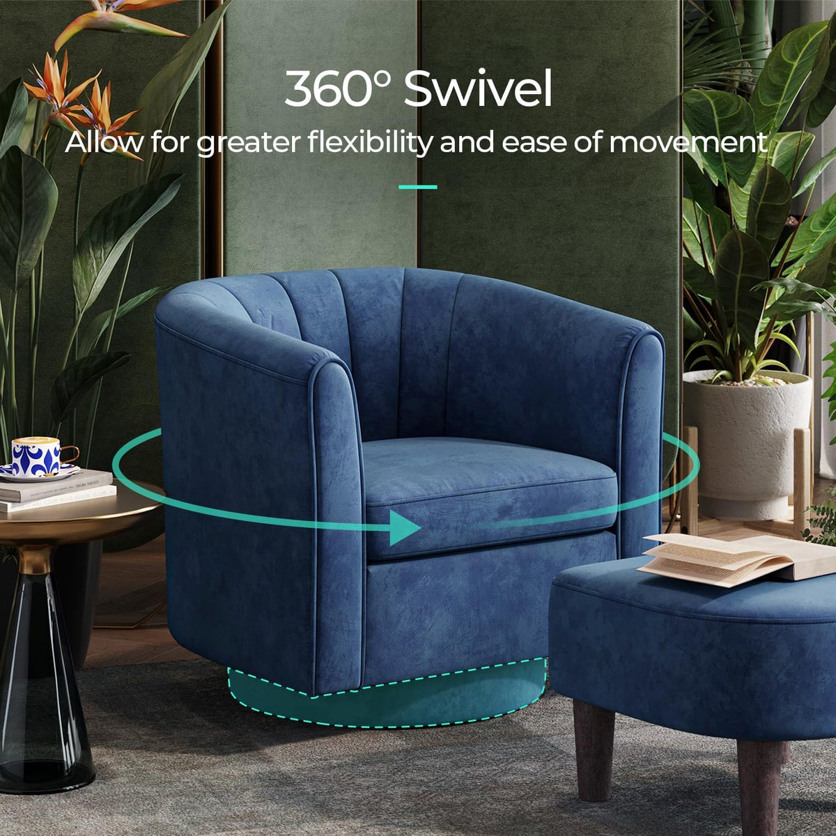 LINSY Small Swivel Accent Chair with Ottoman, Velvet Barrel Chair with Footrest, Modern Upholstered Comfy Reading Chair Armchair for Living Room, Bedroom, Study Room, Office, Blue