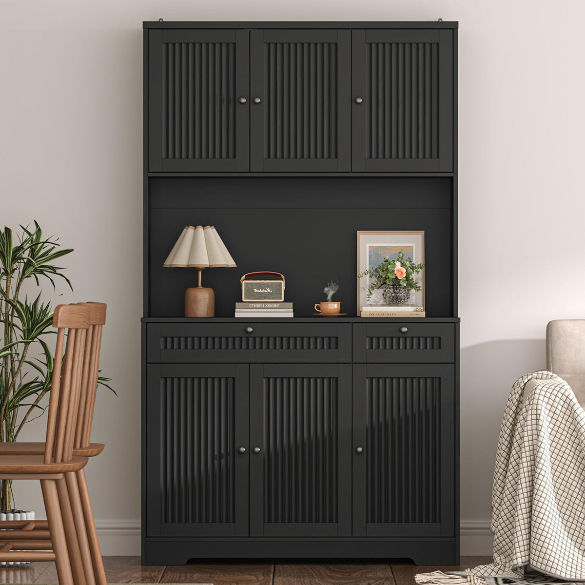 Pantry Storage Cabinet with Charging Station, Kitchen Storage with Adjustable Shelves, Food Pantry Cabinet with Coffee Bar Storage, Modern Kitchen Cupboard for Dining Room, Living Room, Black