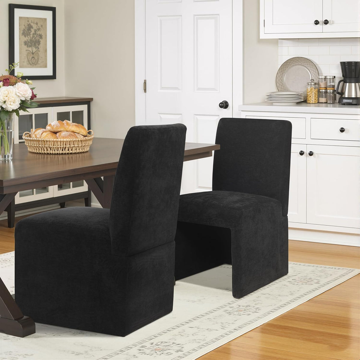 RNKSFX Black Upholstered Dining Chairs Set of 2, Kitchen & Dining Room Chairs, Mid Century Modern Chairs, Linen Dining Chairs with Wooden Frame, Fabric