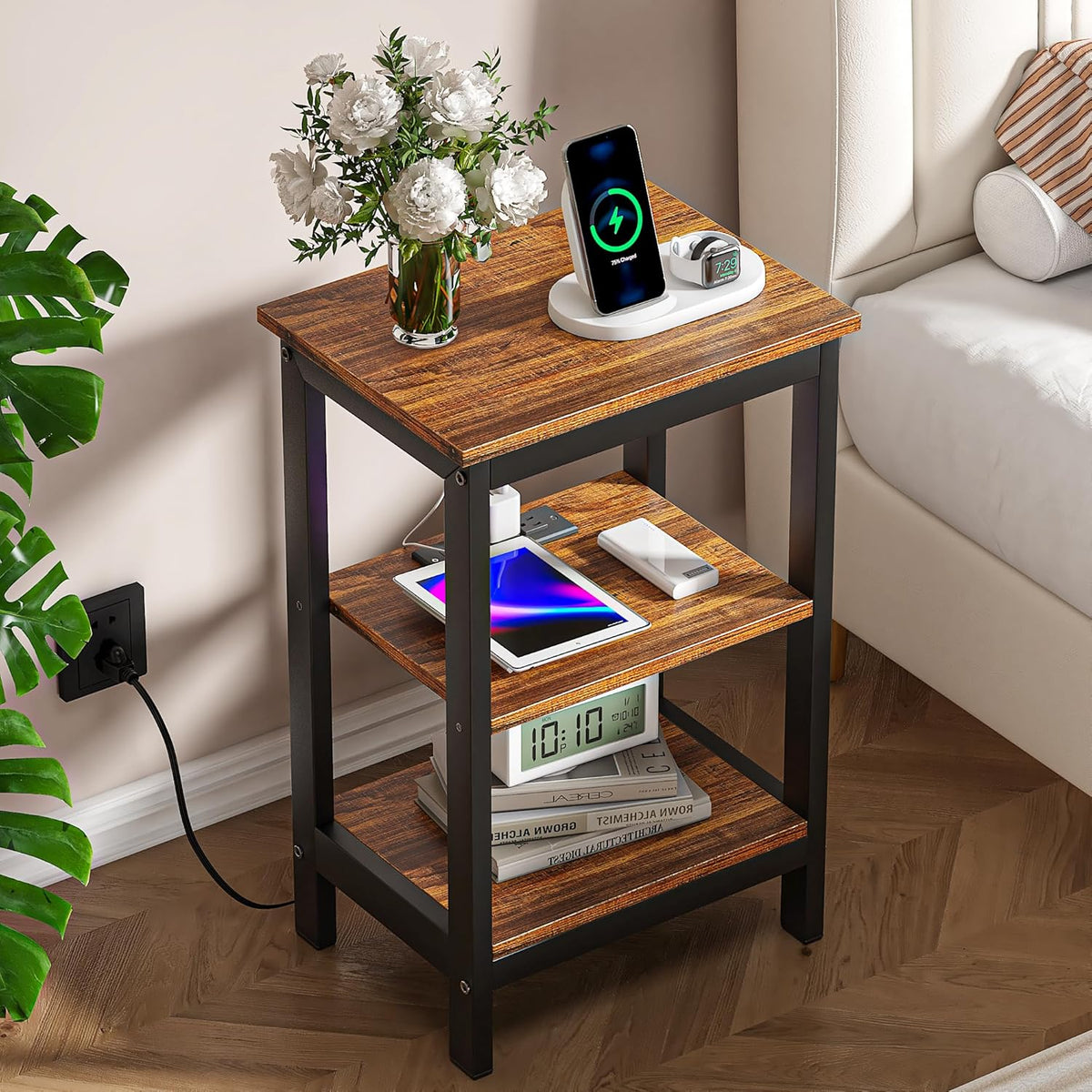 VECELO End Table with Charging Station and USB Ports, Small Wood Nightstand Modern Style, 24" Tall Living Room Side Table with 3-Tier Storage Shelves for Small Spaces, Office, Bedroom, Retro Brown