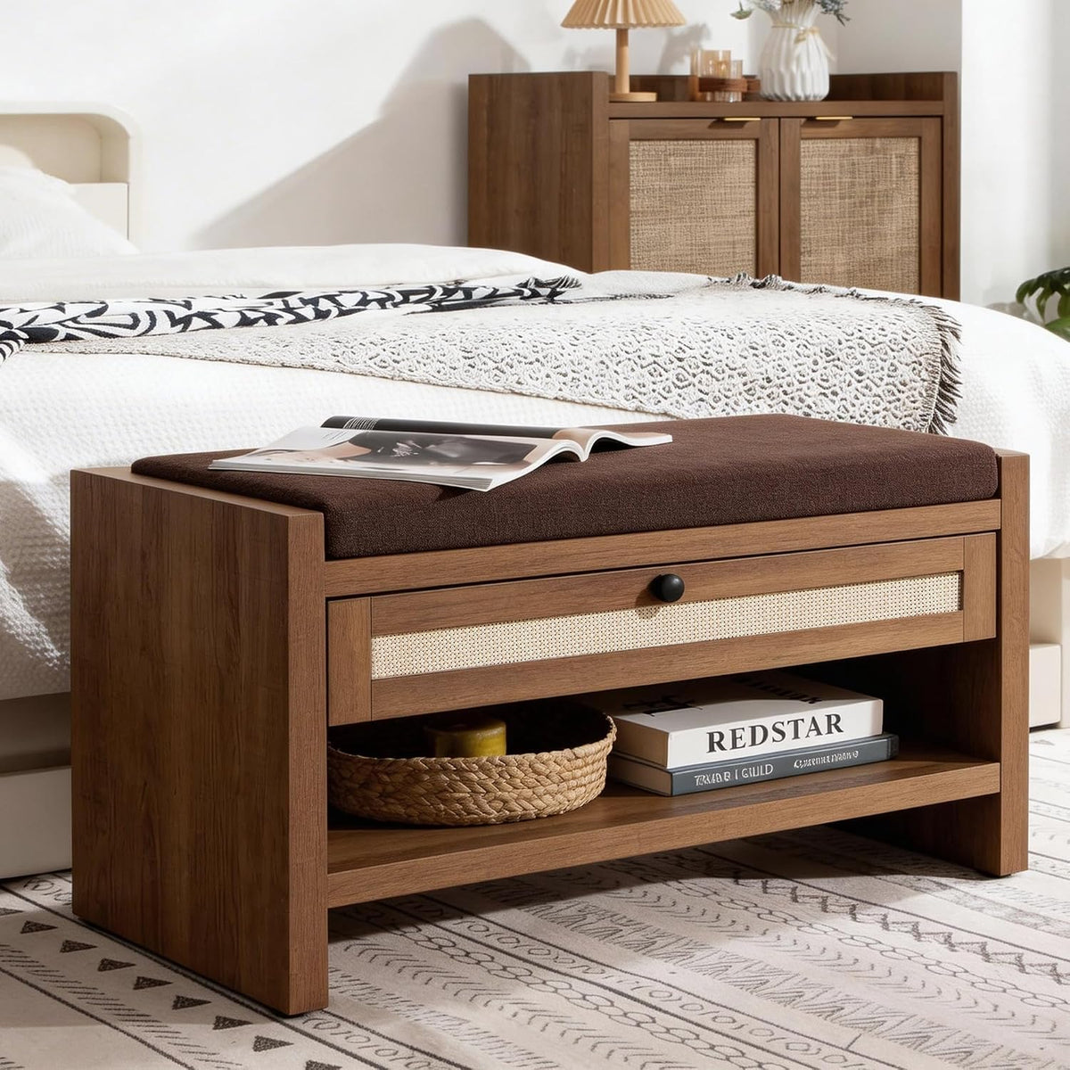 VipDesk Rattan Shoe Bench with Storage Drawer and Cushion Seat, Walnut Wood Entryway Bench 330 lbs Capacity, Waterproof for Hallway, Bedroom, Living Room