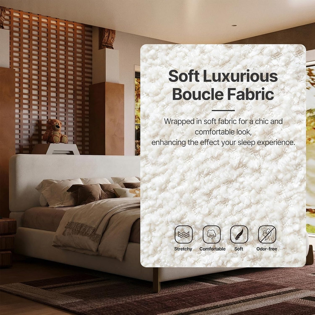 Kenhome Queen Size Boucle Cloud Bed Frame, White Upholstered Platform Bed with Soft Headboard, Solid Wood Legs, No Box Spring Required, Easy Assembly (Beige, Queen (U.S. Standard))