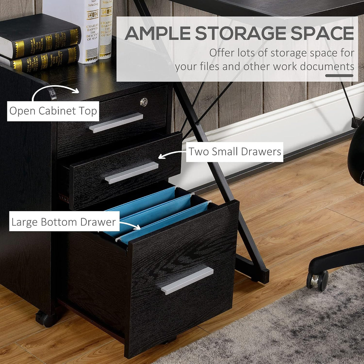 HOMCOM 3 Drawer File Cabinet Office Storage Lock, Wheels, Letter/A4, Black | Edged Top, Small Office Storage