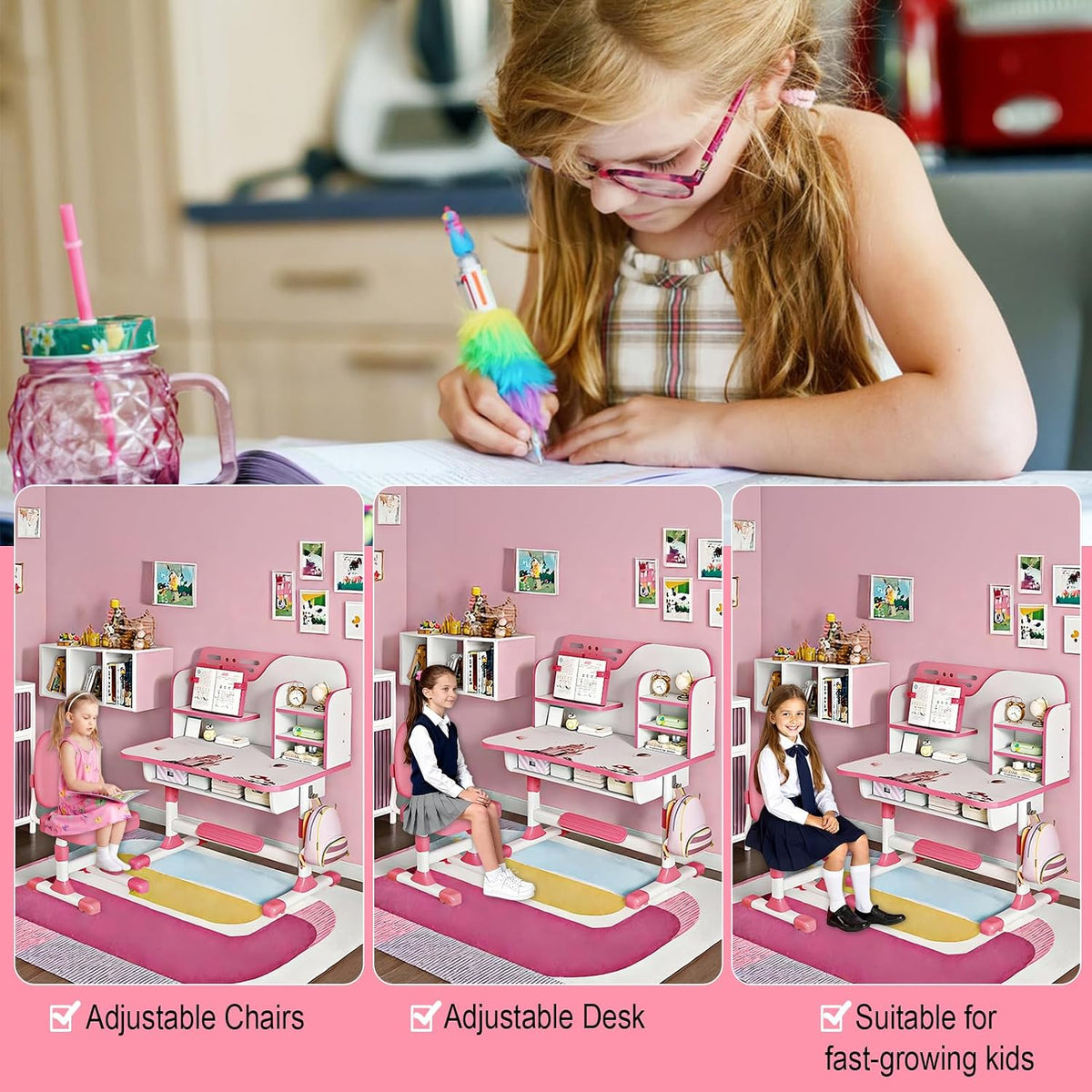Kids Functional Desk and Chair Set, Height Adjustable Children School Study Table Chair Set with Astronaut Pattern, Ergonomic Desk Chair with Large Writing Board, Bookshelf and Drawer Pink