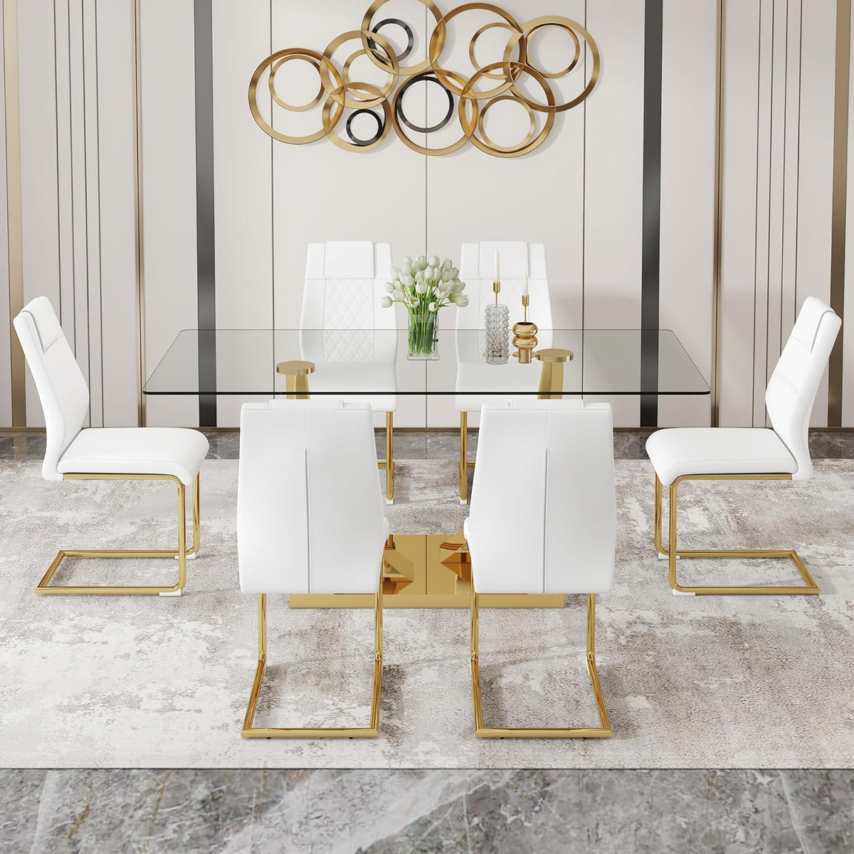 Glass Dining Table Set for 6, Modern Kitchen Table Set for 6, 71" Tempered Glass Tabletop with U-Shaped Gold Base, 7 Ppiece Large Dining Room Table Set with White PU Leather Chairs