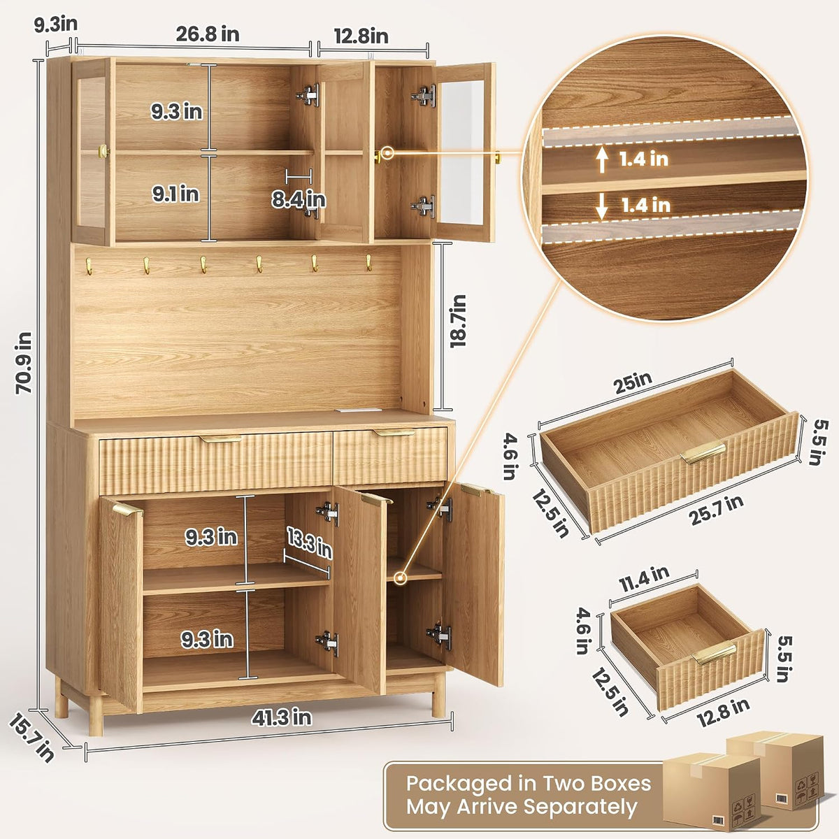 71'' Fluted Kitchen Pantry Cabinet with Power Outlet & LED Light, Food Kitchen Hutch with Countertop, Wood Pantry Storage Cabinet with a Drawer & Shelves for Living Room, Dining Room, Natural