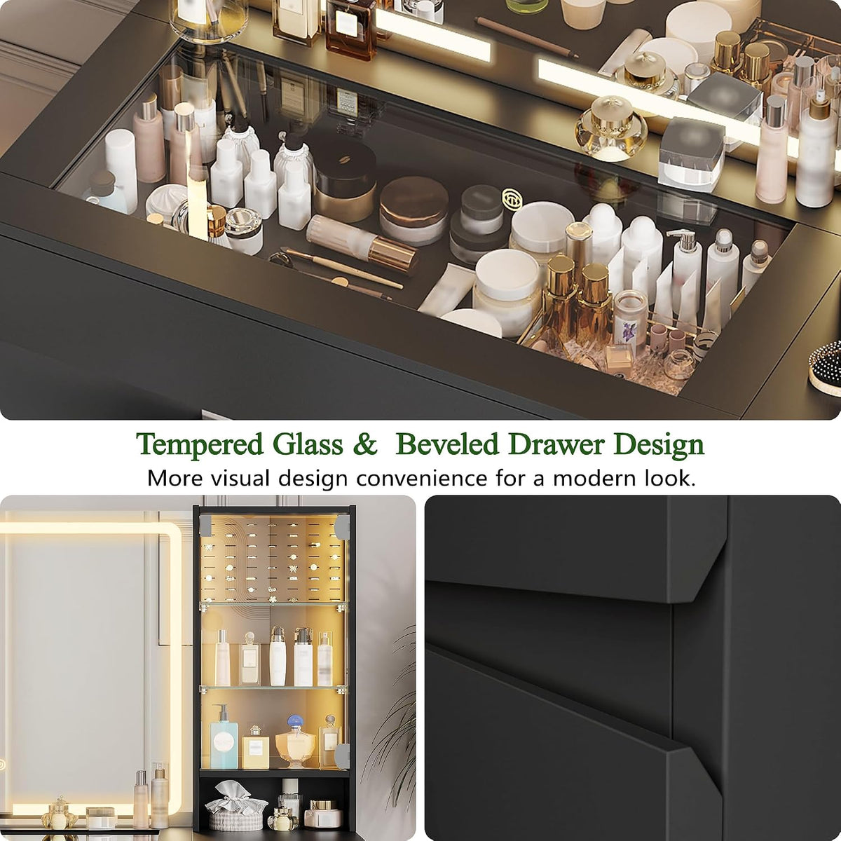 wanan Vanity with Glass Top, Black Vanity Desk with Mirror and Lights, Jewelry Storage, Power Outlet, 3 Adjustable Lighting Modes, Makeup Vanity with 2 Drawers for Bedroom