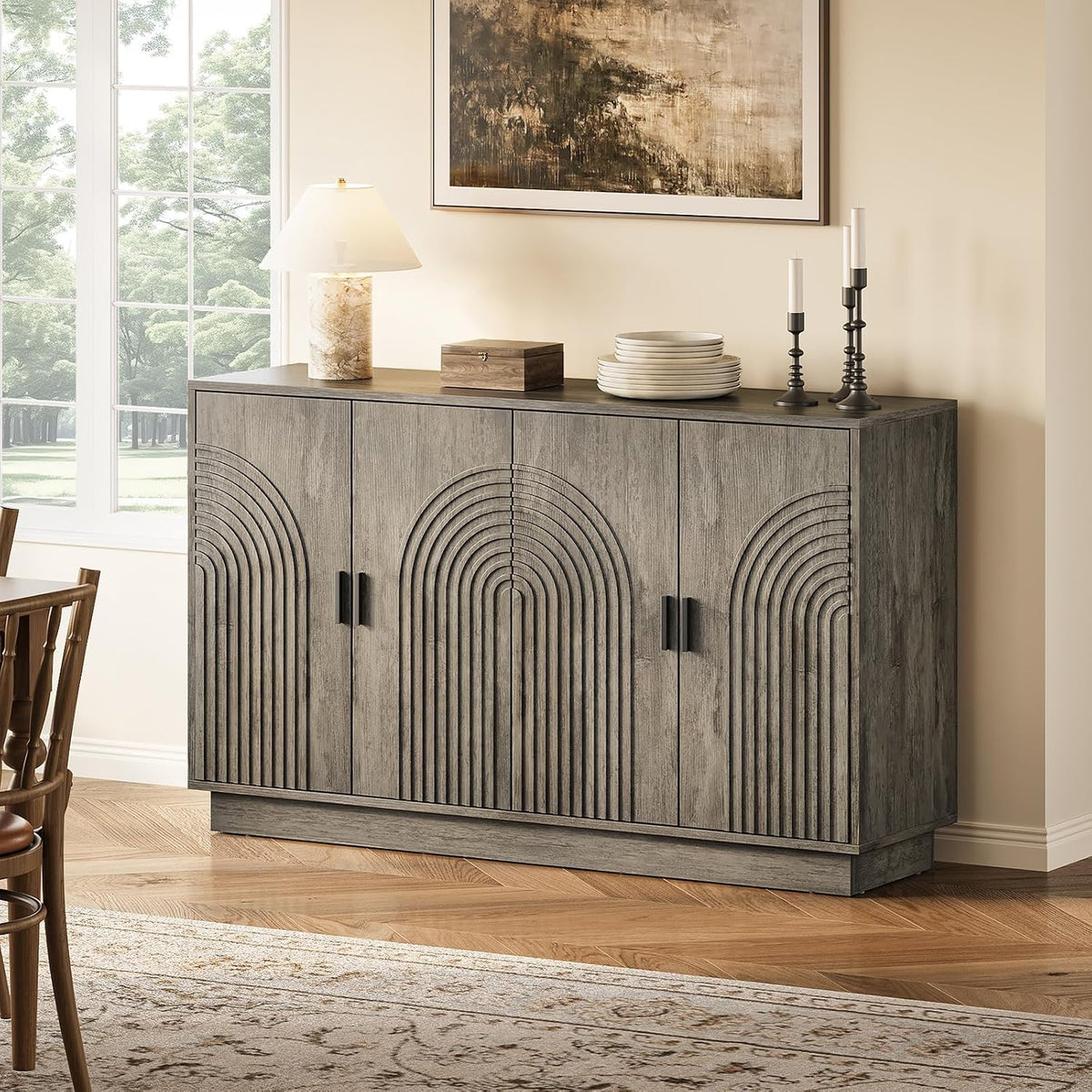 Fluted Sideboard Buffet Cabinet with Storage - 57" Credenza Coffee Bar Cabinet with 4 Doors, Accent Kitchen Storage Cabinets with Adjustable Shelves for Living & Kitchen, Entryway, Modern