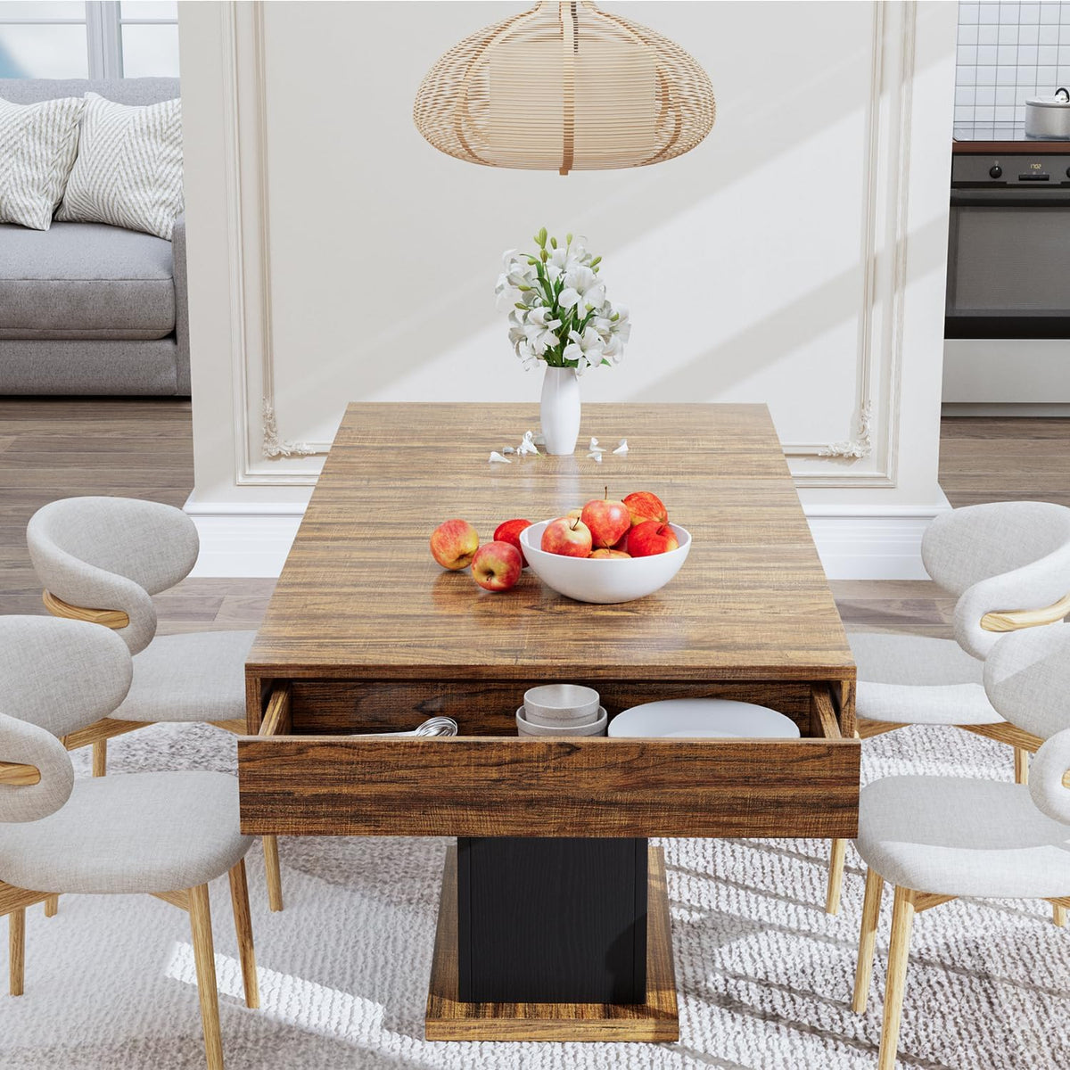 55" Dining Table for 4 to 6 People, Farmhouse Wood Dinner Table with Drawers & Led Lights for Kitchen, Dining Room & Living Room (Oak Brown & Black)