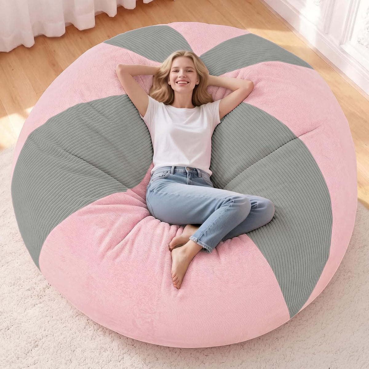 Homguava 6FT Bean Bag Chairs for Adult Teardrop Bean Bag with Memory Foam | Bean Bags with Handy Handle and Washable Cover for Living Room, Bedroom (Corduroy Light Grey/Pink)