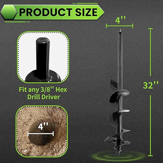 SYITCUN Auger Drill Bit for Planting - 4"X32" Heavy-Duty Auger Post Hole Digger for Fence- 3/8" Hex Drive Drill