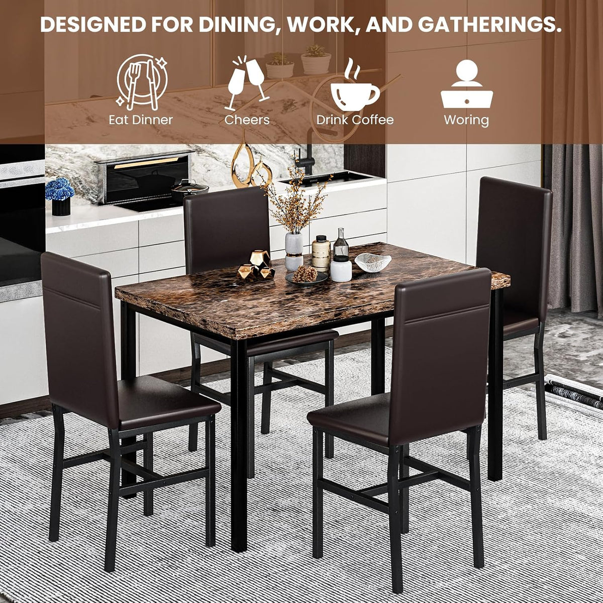 Recaceik 5-Piece Dining Table Set for 4, Faux Marble Kitchen Table Chairs Set of 4, Kitchen Table Set with 4 Upholstered PU Leather Chairs for Dining Room, Living Room, Apartment, Small Spaces, Brown