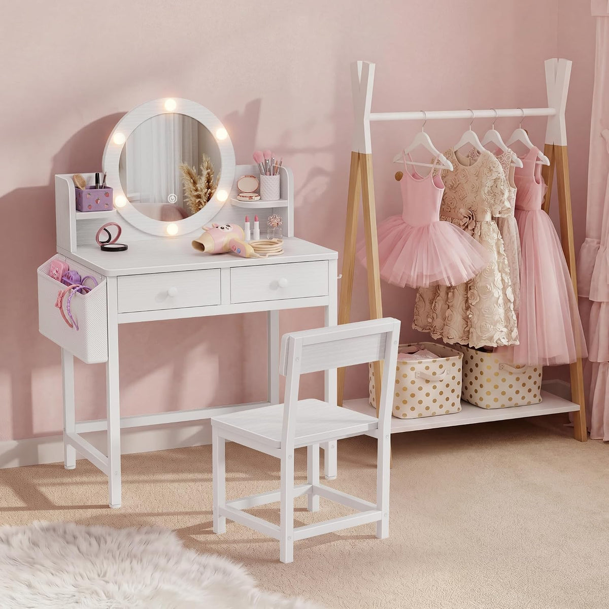 BOLUO Kids Vanity Table and Chair Set, Kids Vanity for Girls with Lights and Mirror, 2 in 1 Kid Vanity Set, Princess Makeup Vanity Desk with Drawers White