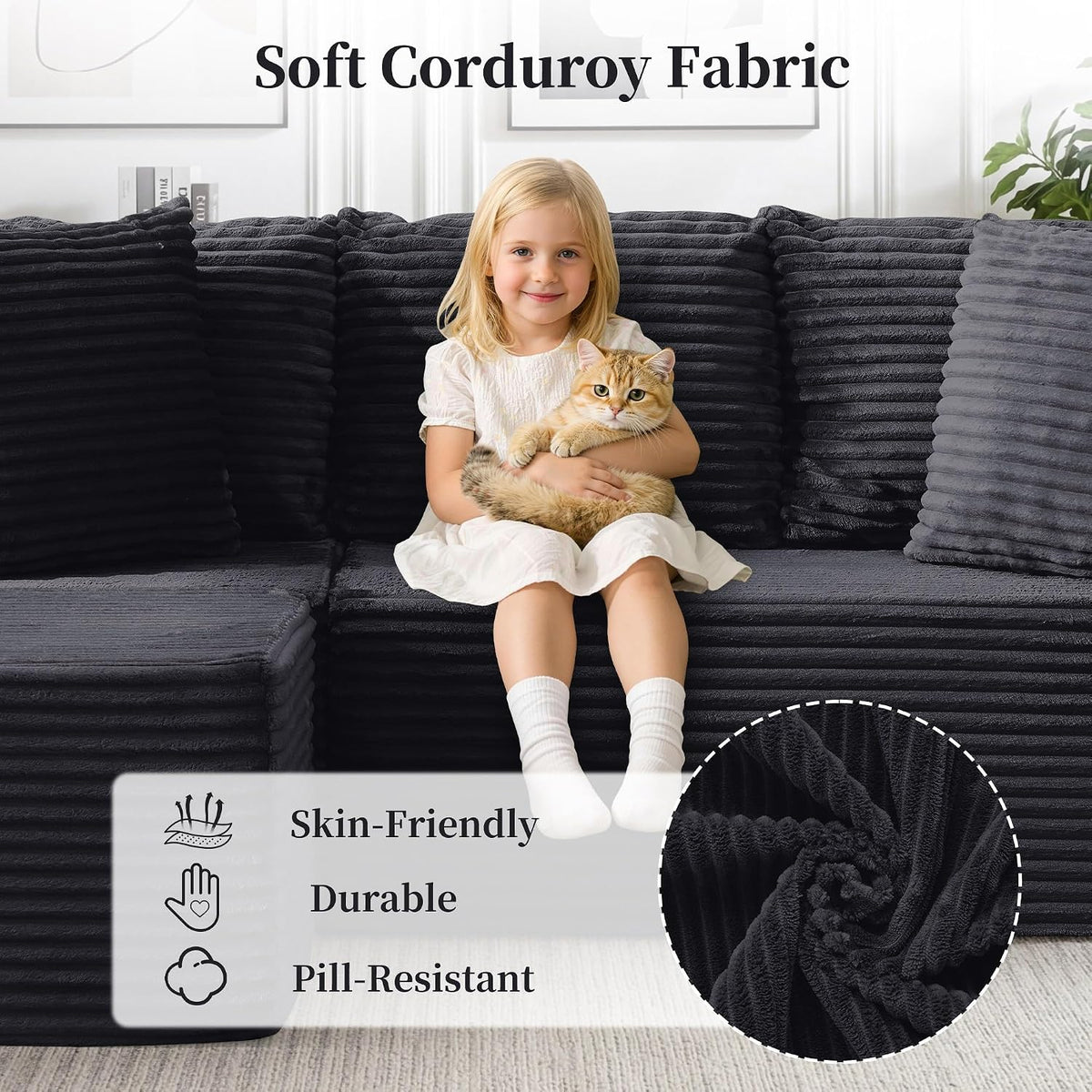 Korser Cloud Modular Sectional Sofa with L-Shaped, Couches for Living Room, Fluffy Comfy Corduroy Deep Seat with Ottoman, Bedroom, Apartment, No Assembly Required