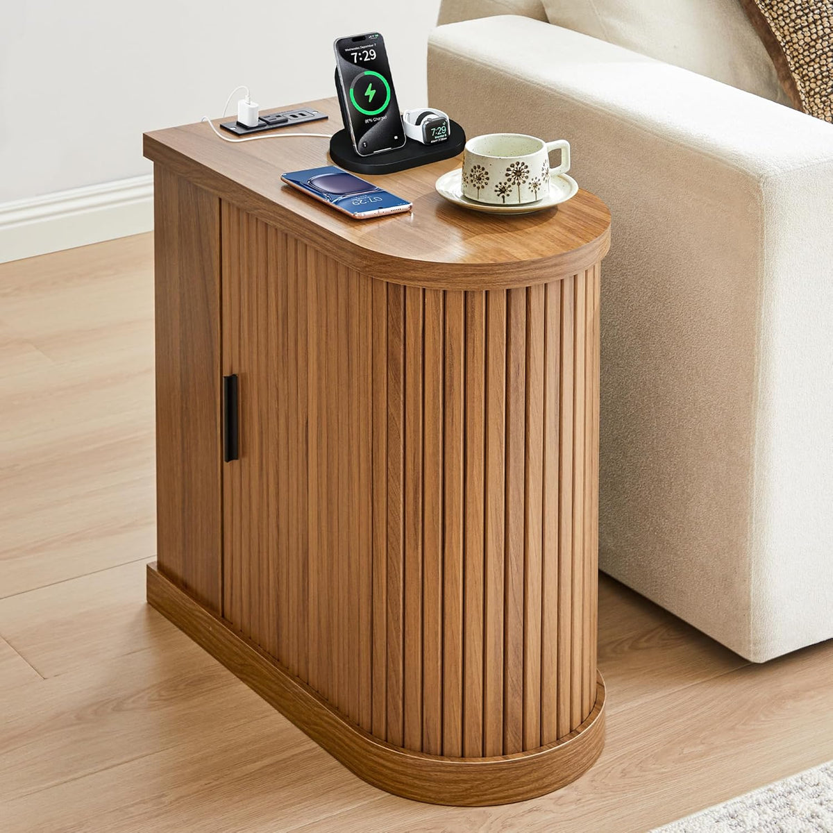 Turtle&Myrtle Nightstands with Charging Station, Narrow Side Table with Storage Doors and Shelves, Mid-Century Modern Bedside Table for Small Spaces Bedrooms, Walnut