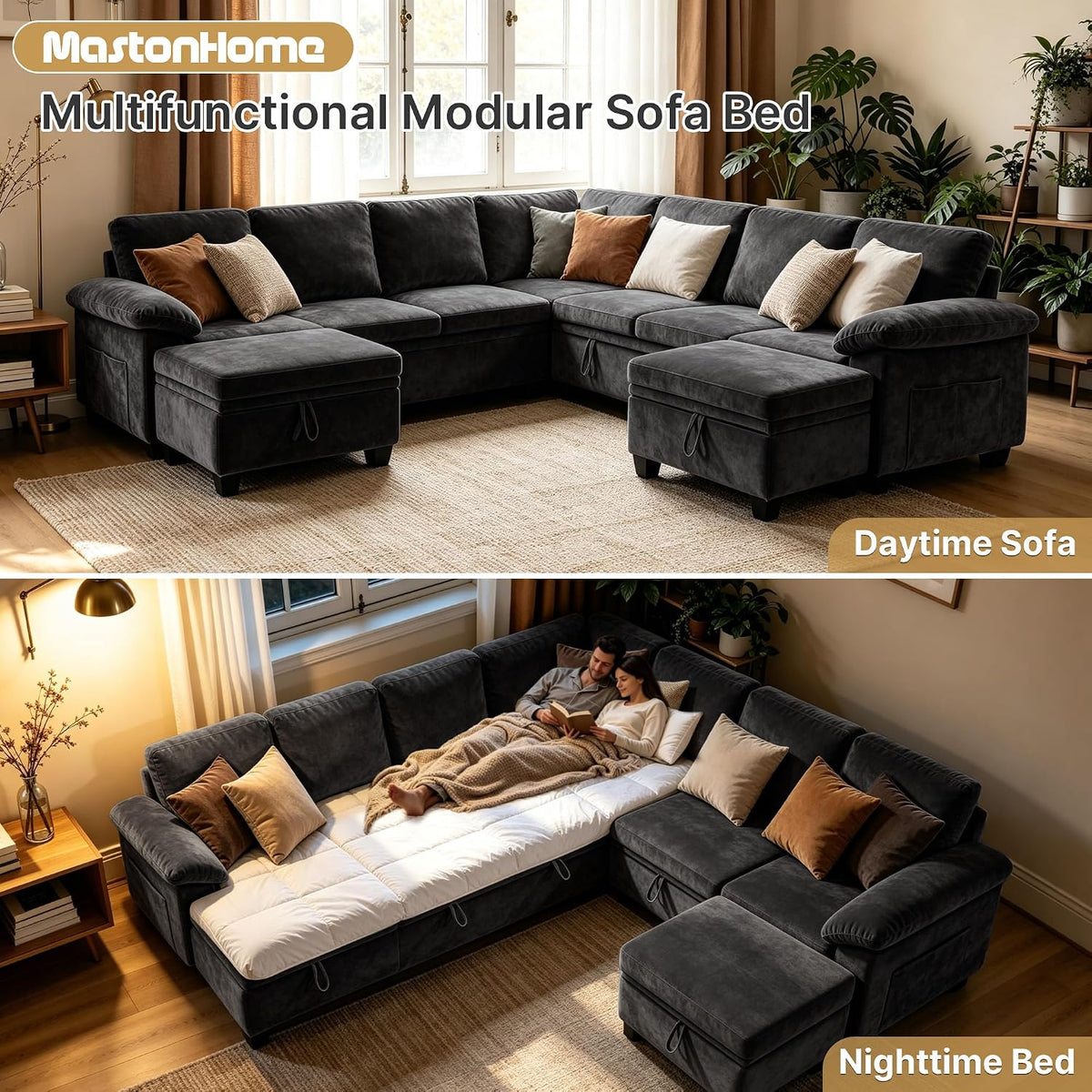 Oversized Sectional Sleeper Couch, 9 Seat Modular Sofa Pull-Out Storage Bed | MastonHome 109" U-Shaped Convertible Cloud Couch with Pillow Armrests, Chenille Fabric for Living Room, Apartment, Black