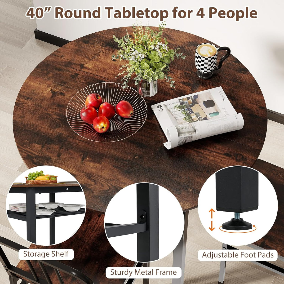 GOFLAME 5-Piece Round Dining Table Set for 4, Space-Saving Kitchen Table and Chairs Set with Storage Shelf, Industrial Wooden Dinette Set for Dining Room, Living Room, Breakfast Nook, Rustic Brown