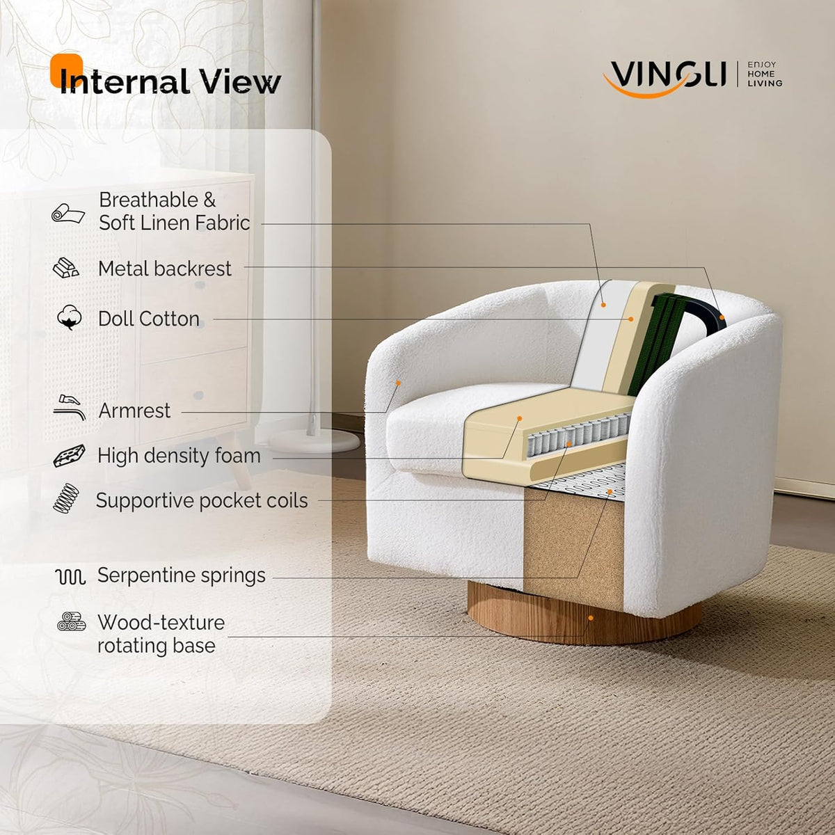 VINGLI 360°Swivel Accent Chair with Engineered Wood Base and Removable Cushion for Living Room, Bedroom, Curved Back Barrel Chair for Small Space, Upholstered Bucket Armchair, Teddy White